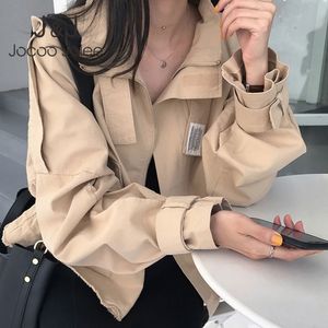 JOCoo Jolee Casual Solid Zipper Wiatrówka Jesień Koreański Loose Płaszcz Vintage Harajuku Kurtki Wszystkie Dopasuj Trench Coat Stroje 210518