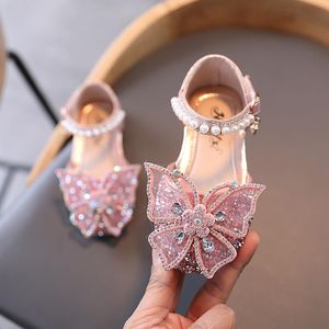 Sandali Principessa Bambini Scarpe in pelle per ragazze Fiore Casual Glitter Bambini Tacco alto Farfalla Nodo Blu Rosa Argento