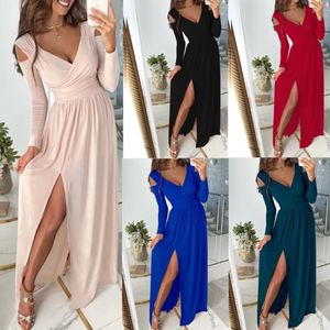 Casual jurken jurk vrouwen zomer stijl lange mouwen V hals spreid uit vorken onder de pure kleur Vrouwelijke vestidos llx21772