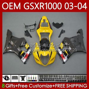 Fairings de Molde de Injeção para Suzuki K3 GSXR1000 GSXR 1000 CC 2003 2004 Amarelo Corpo cinza 67NO.101 K3 GSXR-1000 GSX R1000 2003-2004 1000CC GSX-R1000 03 04 Kit de carroçaria OEM