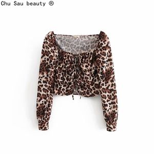 Fall Sexig Vintage Leopard Print Lågklass Kvadratisk Neck Tie Slim Långärmad Skörd Toppar Bottom Shirts Blusar för kvinnor 210508