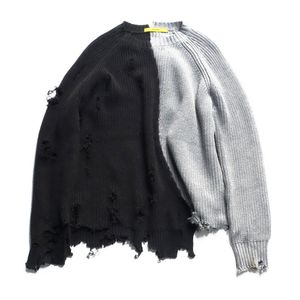 Jesień Zima Mężczyźni Zgrywanie Dziury Patchwork Oversized Sweter Dzianiny Nieregularne Design Hip Hop Punk Knitwear Kobiety Vintage Pulower 211006