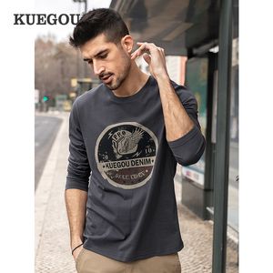 Kuegou 100% bawełniana sprężyna odzież męska T-sens T-shirt z długim rękawem Skulla Tshirt Vintage Sapphire Top Plus Size ZT-88122 210524