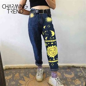 Women's High waist Pant jeans Female Summer womens Jeans Trousers Girls Denim Chic Fashion Moon Star Sun Print Pants Women 210708