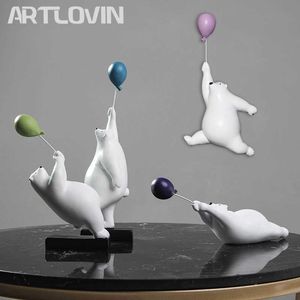 Artlovin Creative Flying Bear Figurines Ballong Isbjörnar Figur Hem Väggmontering Dekoration Harts Modern Gåva Till Boy / Man / Kids 210804