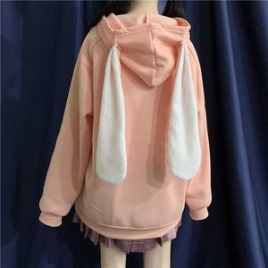 Deeptown kawaii hoodies kvinnor vinter 2020 mode koreansk stil kanin kappa tröja långärmad söt plus storlek zip up hoodie x0721