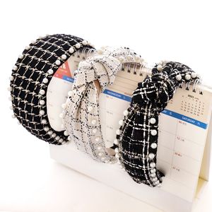 Woolen Plaid Pearl Knot Hairband Knotted Headband for Women Girls Hair Accessories