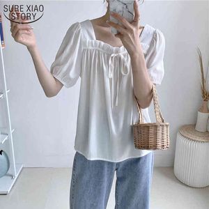 Korean Age-Reducing Woman's Shirts Solid Loose Square Collar Top Candy Colors Puff Sleeve Short Chiffon Blouse 9693 210508