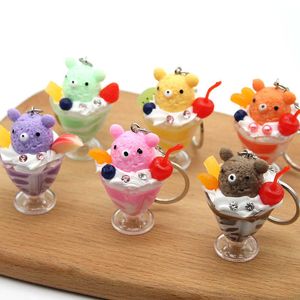 6ピースかわいいクマのアイスクリームキーホルダーペンダントシミュレーションアイスクリームミルクティーカップカップルバッグ車の装飾ギフトG1019