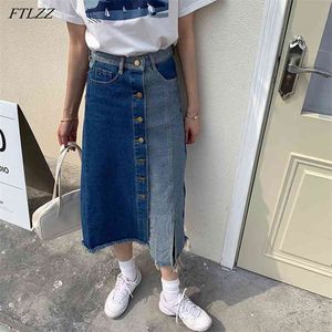 Spring Summer Women Streetwear Blue Denim Skirt Single Breasted Hole Mid-calf A-line High Waist Laides Jeans Skirts 210430