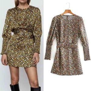 Yellow Floral Print Mini Dress Women Fall Winter Elastic Cuff Puff Long Sleeve Belt Ladies Elegant es 210519