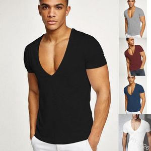Men T-Shirts Deep V Neck Short Sleeve Summer Streetwear Casual Solid Slim Polyester Tees Gym Fitness Boxing T Shirt