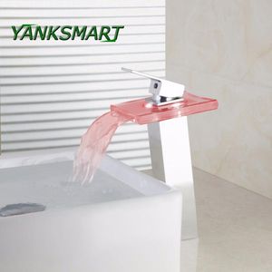 Rubinetti per lavabo da bagno YANKSMART LED Light Waterfall Glass Chrome Alto 3 colori Square Deck Mounted Basin Rubinetto Miscelatori Torneira