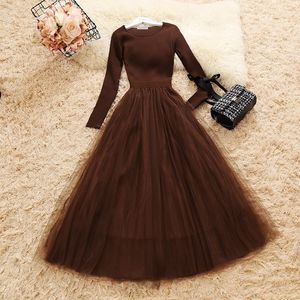 OL Elegant Knitted Mesh Patchwork Spring Women Long Sleeve O Neck Ball Gown Gauze Maxi Casual Knit A Line Dress 210416