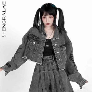 dark cyberpunk totem embroidery jacket women's spring lapel short large size wash old gray denim coat female 210427