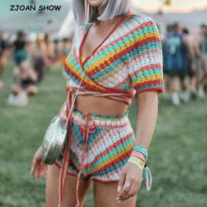 2020 Boho lacing up Colored Striped Hand Crochet Cardigan Sweater Kvinnor Bandage Mini Korta Shorts Half Sleeve Toppar 2 stycken Set X0428