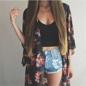 Women Casual Vintage Kimono Cardigan Ladies Summer Long Crochet Chiffon Kimono preto Loose flora printed Blouse Tops Black 210527