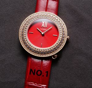 Brand Genuine Couro Mulheres Quartzo Relógio de Relógio Vermelho Encantos Gold Watch Famoso Brand Signature Logo Logo Relógio 32mm Sapphire Relógios