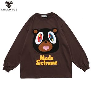 Aolamegs uomini felpa cartone animato pile animale patchwork pullover o-collo vintage college stile sottile felpe con cappuccio coppia streetwear 210813