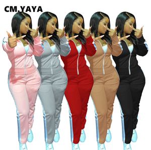 CM.YAYAアクティブストライプパッチワークスウェットスーツ2つの2ピースセット女性冬のフィットネス服装フード付きジャケット+ジョガーパンツトラックスーツY0625