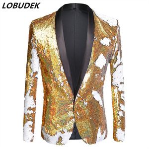Plus Size Men's Gold White Double Color Sequins Blazers Singer Bar Nightclub Stage Performance Suit Jacket Wedding Prom Host Costume