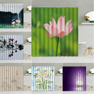 Shower Curtains Chinese Style Pink Lotus Scenery Curtain Spring Green Leaf Floral Bird Landscape Bathroom Decor Waterproof Cloth