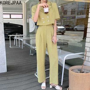 Korejpaa 여성들은 여름 한국어 레트로 기질 옷깃 더블 가슴 짧은 소매 재킷 높은 허리 넓은 - 다리 바지 210526을 설정합니다.