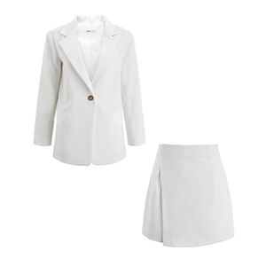 White Khaki Women Shorts Suits 2 Two Pieces Set Blazer Notch Collar Single Button Casual T0084 210514