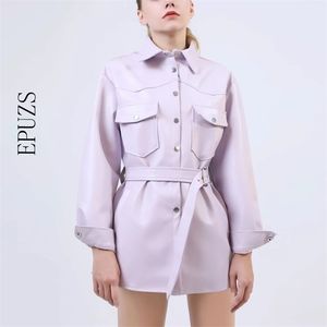 Fashion purple Faux Leather coat women PU jacket Punk belt Motorcycle Coat ladies biker female outwear 210521