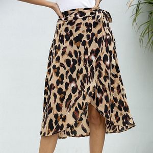 Saias mulheres chiffon leopardo saia de estampa alta curativo de cintura longa e sexy split streetwear m tamanho marrom