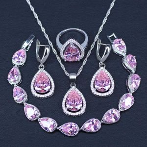 Earrings & Necklace Promotion Pink Cubic Zircon Water Drop Silver Color Jewelry Set Ring Bracelet