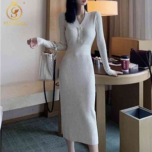 Autumn Winter Knit Long Dress Women Casual V Neck Slim Bodycon Sweater es Office Lady Korean Style Button 210520