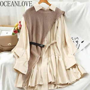 Korean Style Two Set Women Clothes Irregular Sweater + Solid Shirt Dresses Autumn Vintage 2 Piece Outfits 19086 210415