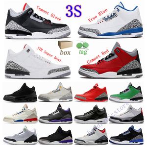 Populära 3 Pine Green Basketball Shoes UNC MENS 3S JTH NRG Super Bowl Justin Black Timberlake Sneakers Womens Racer Blue Court Puple Cement Red Trainers With Box