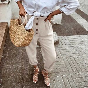 Cotton Linen High Waist Women Trouser Solid Pleated Button Female Casual Harem Pants 2021 Spring Summer Ladies Long Trousers New Q0801
