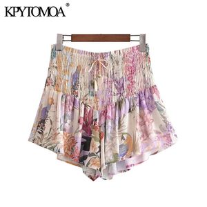 KPYTOMOA Kvinnor Chic Fashion Floral Print Smocked Shorts Vintage Hög Elastisk Midja Med Dragkraft Kvinna Kort Byxor Mujer 210719