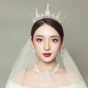 Örhängen Halsband Kvinnor Koreanska Brud Smycken Satser Fullständig Cirkel Rund Kron Pearl Tiara Bröllopsmycken Ställ för Party Hair