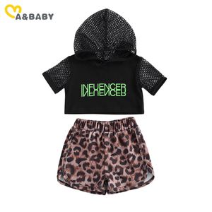 1-5y Moda de Verão Crianças Crianças Roupas Girl Set Letra Capuz Tops Leopard Shorts Outfits Trajes Preto 210515