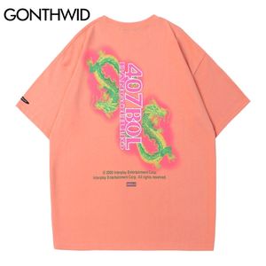 Çin Tarzı Hip Hop Rahat Erkekler Tişörtleri Yaz Ejderha Baskı Kısa Kollu T-Shirt Pamuk Streetwear Harajuku Tees Tops 210602