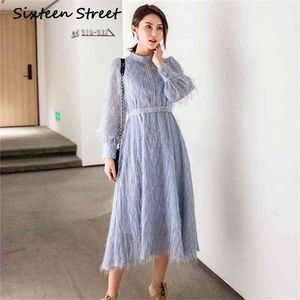 Blue Solid tassel feather dress woman arrive stand collar long-sleeve elegant party dresses casual high waist 210603