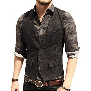 Herrenwesten Slim-Fit Herringbone Tweed Anzüge Weste Drei-Knopf-Westen aus Wollmischung Gilet Homme Vintage Herren Westen