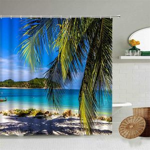 Havsstrand palmträd 3d vattentät dusch gardin sommar naturliga landskap badrum tillbehör med krok gardiner hem dekoration 211116