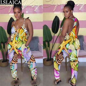 Moda Impressão Colorida Sem Mangas Sexy Jumpsuit Para Mulheres Slim Casual Streetwear Bodysuit Backless Club 210515