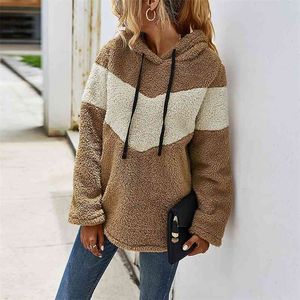 Plush Thick Hoodies Women Fall Winter Color Matching Patchwork Hooded Drawstring Long Sleeve Pullovers Casual Loose Sweatshirts 210522