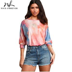 Nice-forever Fashion Chic tie-dyed T-shirt Casual Women Loose Autumn Tees Tops MY003 210419