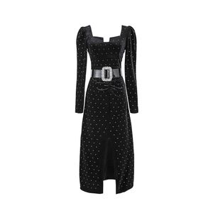 Spring Velvet Square Collar Print Full Black Mid Calf Dresses Women 210615