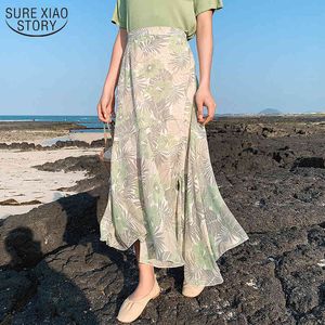 Green and Pink Floral Skirts A-type Irregular Ruffled Maxi Jupe Femme Summer High Waist Printed Chiffon Skirt 10012 210508