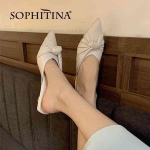 Sophitina elegante bombas de couro genuíno sapatos mulheres meados de saltos mules plissado escritório senhora confortável vestir ponta de vento pointed fo354 210513