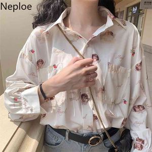 Angel Pattern Print Shirts Women BF Single Breasted Long Sleeve Ladies Blouses Retro Loose Female Top A10031 210422