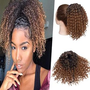 Afro Kinky Curly Ponytail Extensions短い人間の髪8インチの巾着深い波パウフの髪は黒人女性のオムレ1b / 30オーバーン